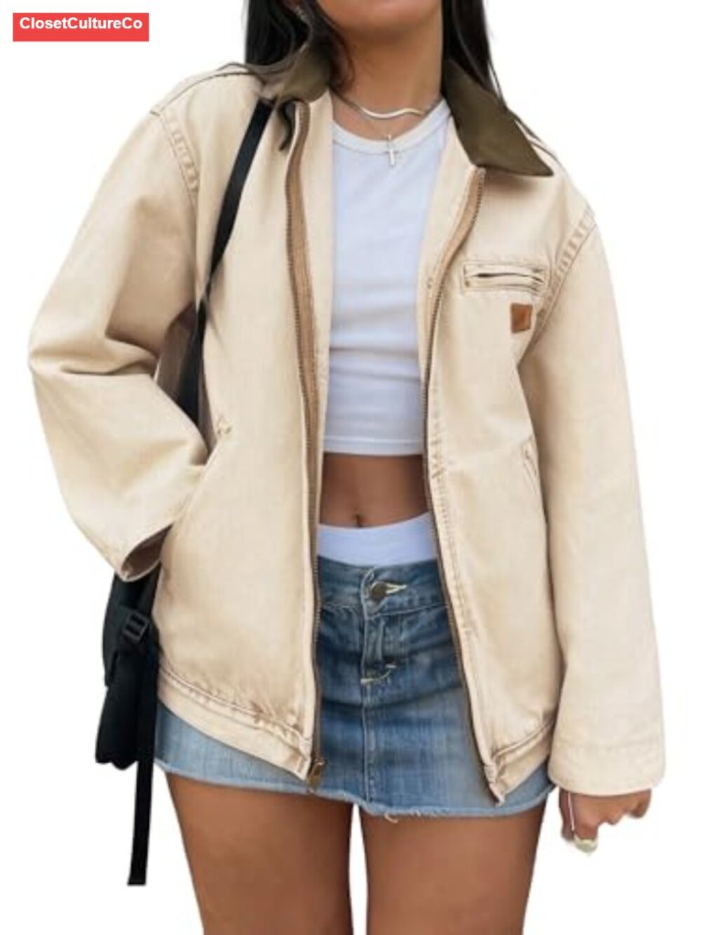 Cropped Zip Up Denim Jacket Long Sleeve Barn Style Casual Outerwear